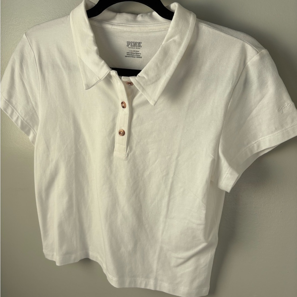 NWT Victoria’s Secret PINK White Cropped Short Sleeve Polo Shirt large cotton